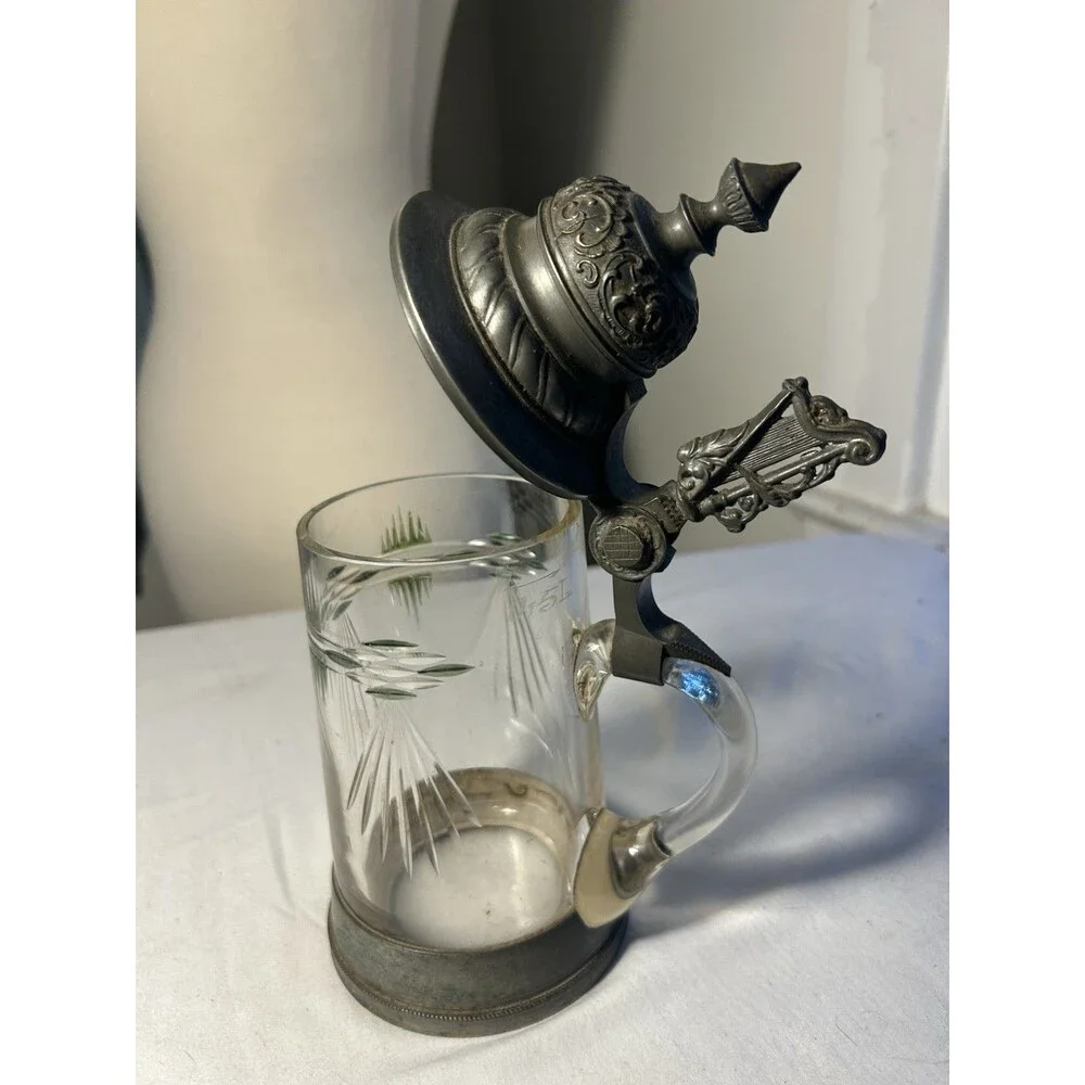 Vintage Antique German Cut Overlay Green Crystal Glass Beer Stein Lidded Pewter